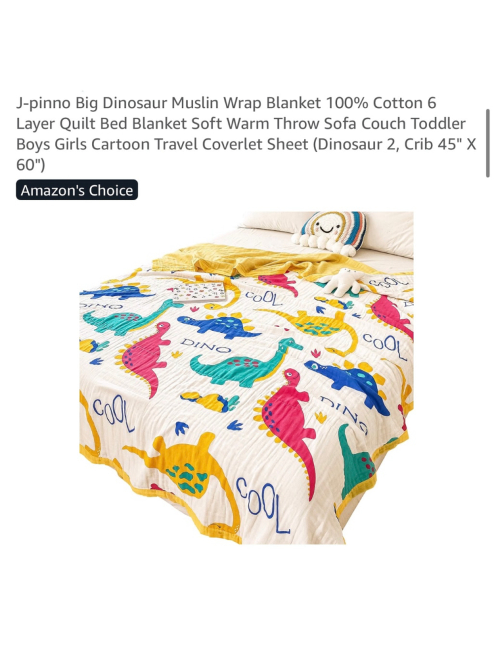 J-Pinno Dinosaur 6-Layer Cotton Muslin Toddler Crib Blanket 45” x 60”